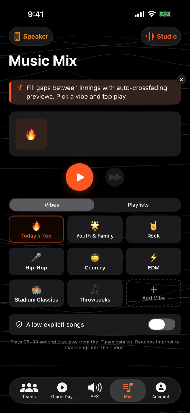 Music Mix screen with vibe options like Today's Top, Rock, and Country and a play button
