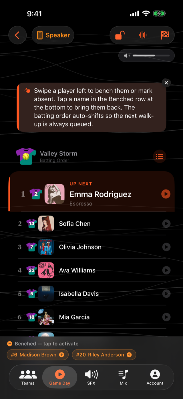 Game Day batting order with album art, the up-next batter highlighted, and a play button per player