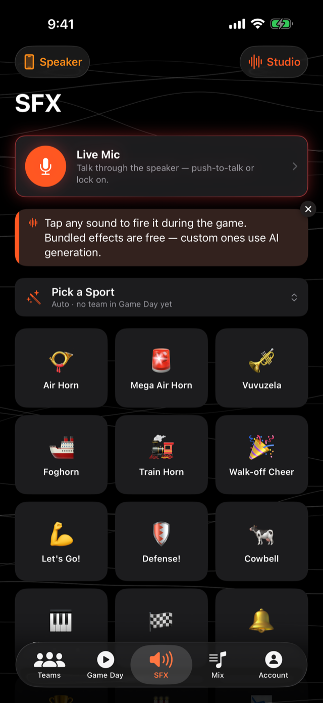 Sound-effects board with the Live Mic at the top and a grid of effects like Air Horn and Walk-off Cheer