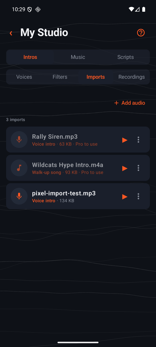 My Studio Imports tab on Android with an Add audio button and three imported files listed with their type and size