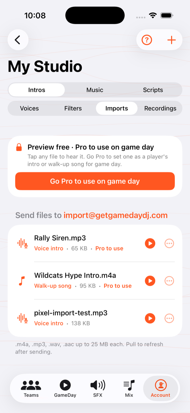 My Studio Imports tab on iPhone with a plus button to add audio and three imported files listed with their type and size