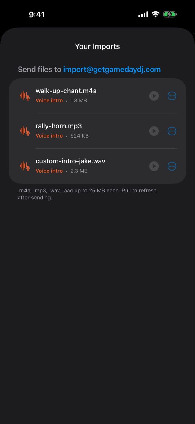 My Studio Imports list showing emailed audio files with their formats and sizes, each with a preview button