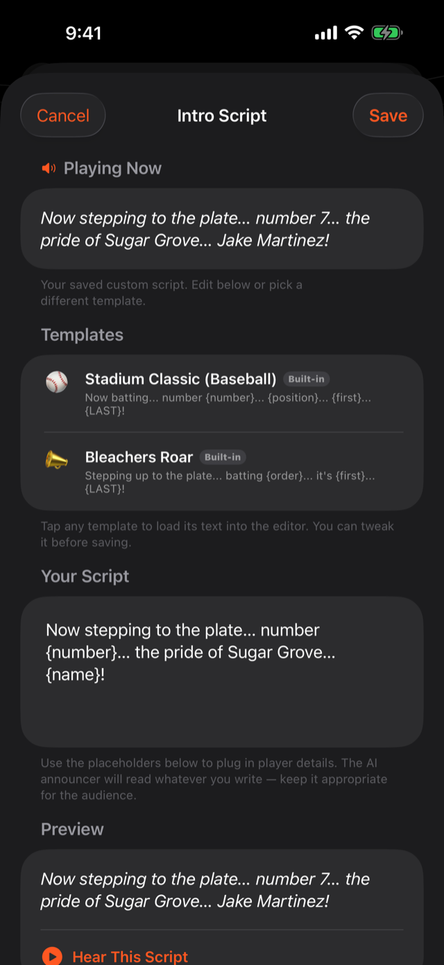 Intro Script editor with built-in templates, a custom script using player placeholders, and a live preview