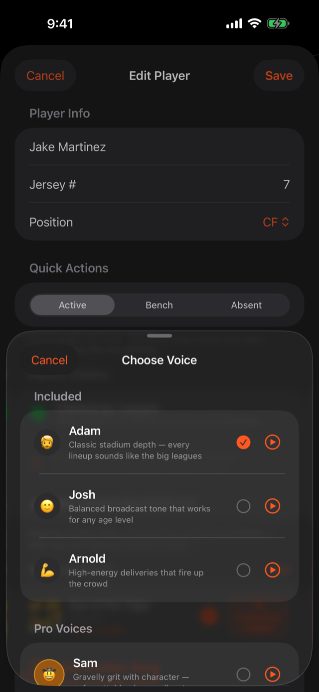 Choose Voice sheet listing announcer voices like Adam, Josh, and Arnold with preview play buttons