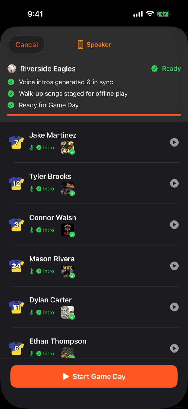 Lock In ready screen with green checks for intros generated and songs staged, and a Start Game Day button