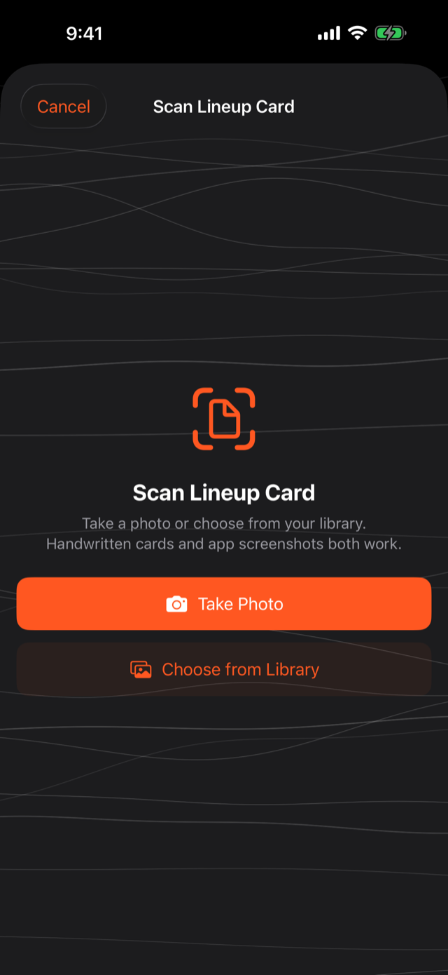 GameDay DJ Scan Lineup Card screen with Take Photo and Choose from Library buttons