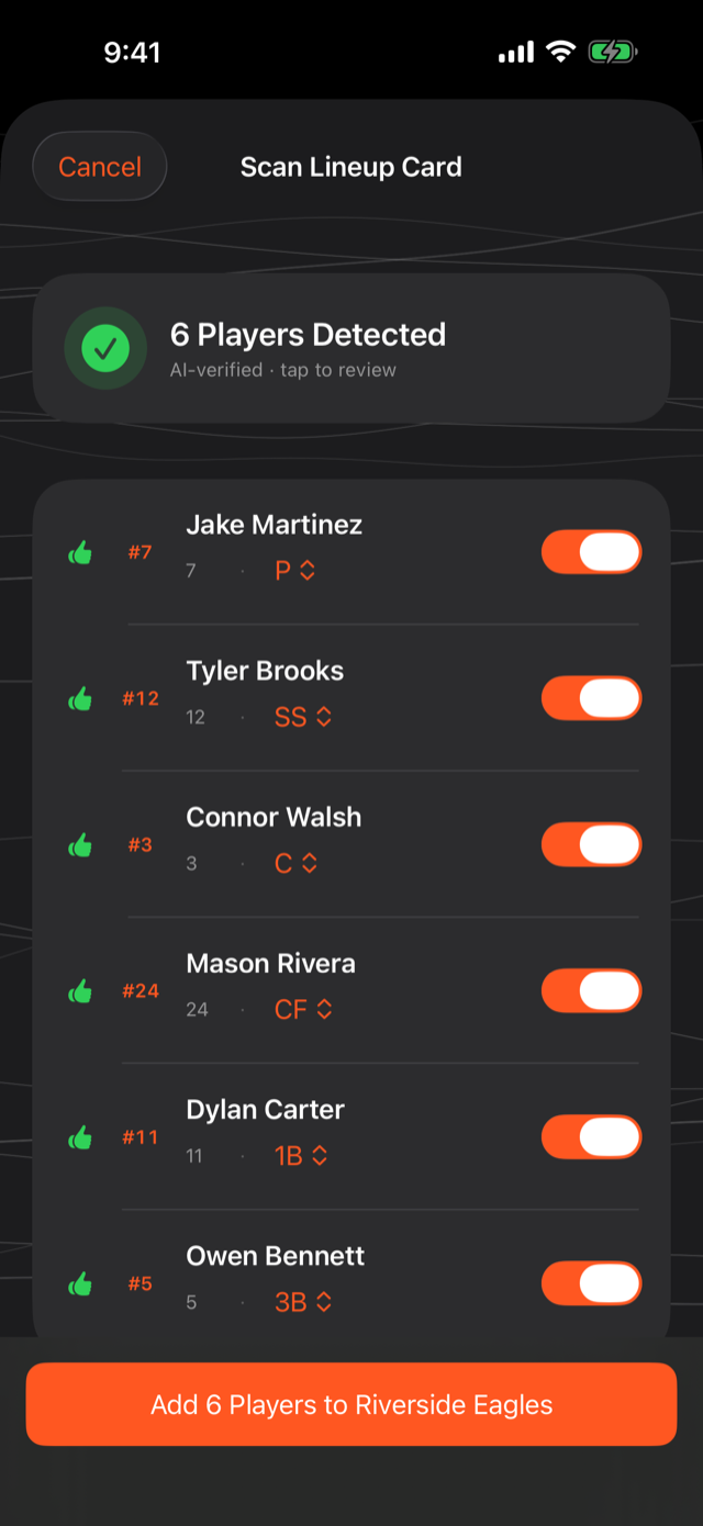 Scan review screen showing six detected players with jersey numbers, positions, and an Add Players button