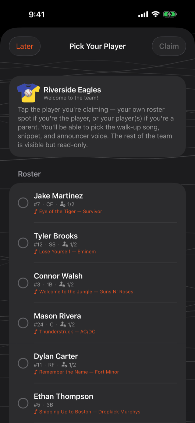 Pick Your Player screen listing the team roster, each player with a select circle and their current walk-up song