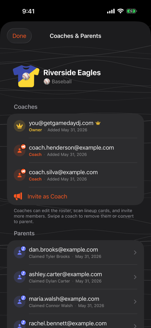 Coaches and Parents screen showing the team owner, co-coaches, an Invite as Coach button, and parents listed under the player they claimed