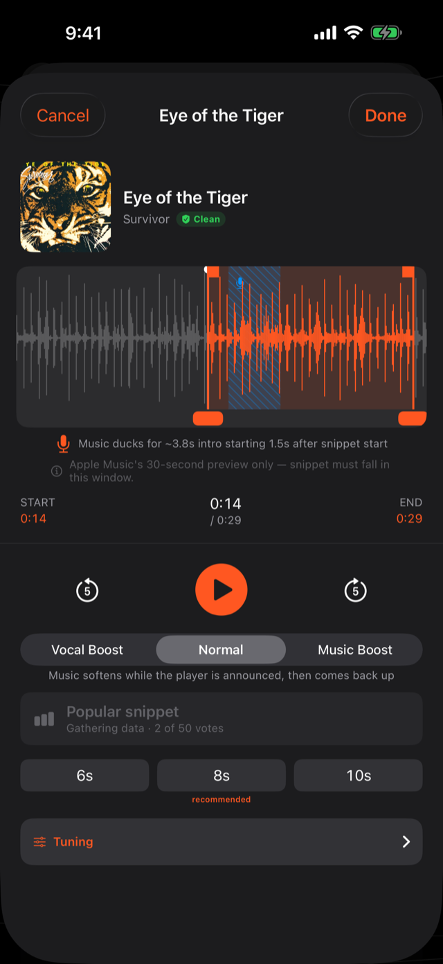 Snippet editor showing a song waveform with the selected walk-up section highlighted and ducking controls