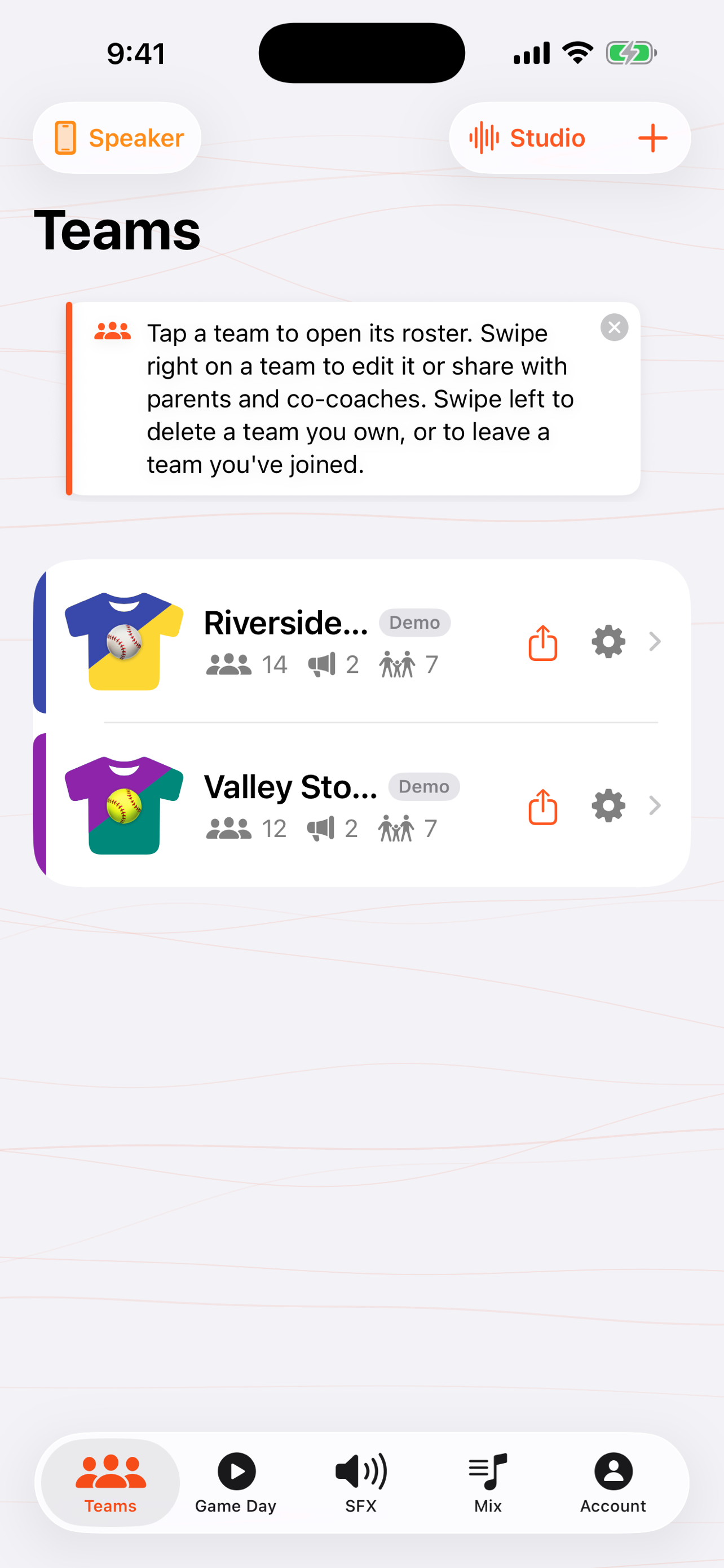 The Teams list in GameDay DJ, showing color-coded team cards with player, coach, and parent counts.