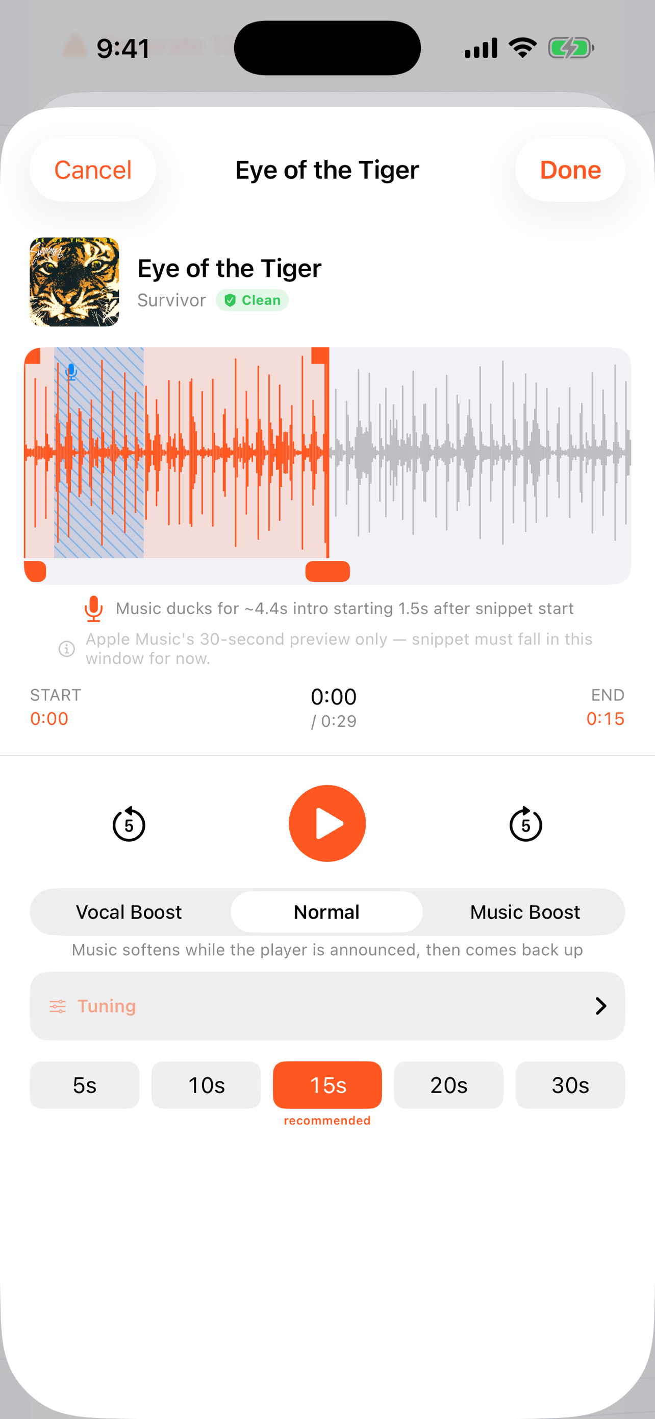 The walk-up song snippet editor in GameDay DJ, showing a waveform with a draggable trim region and a zoom loupe.