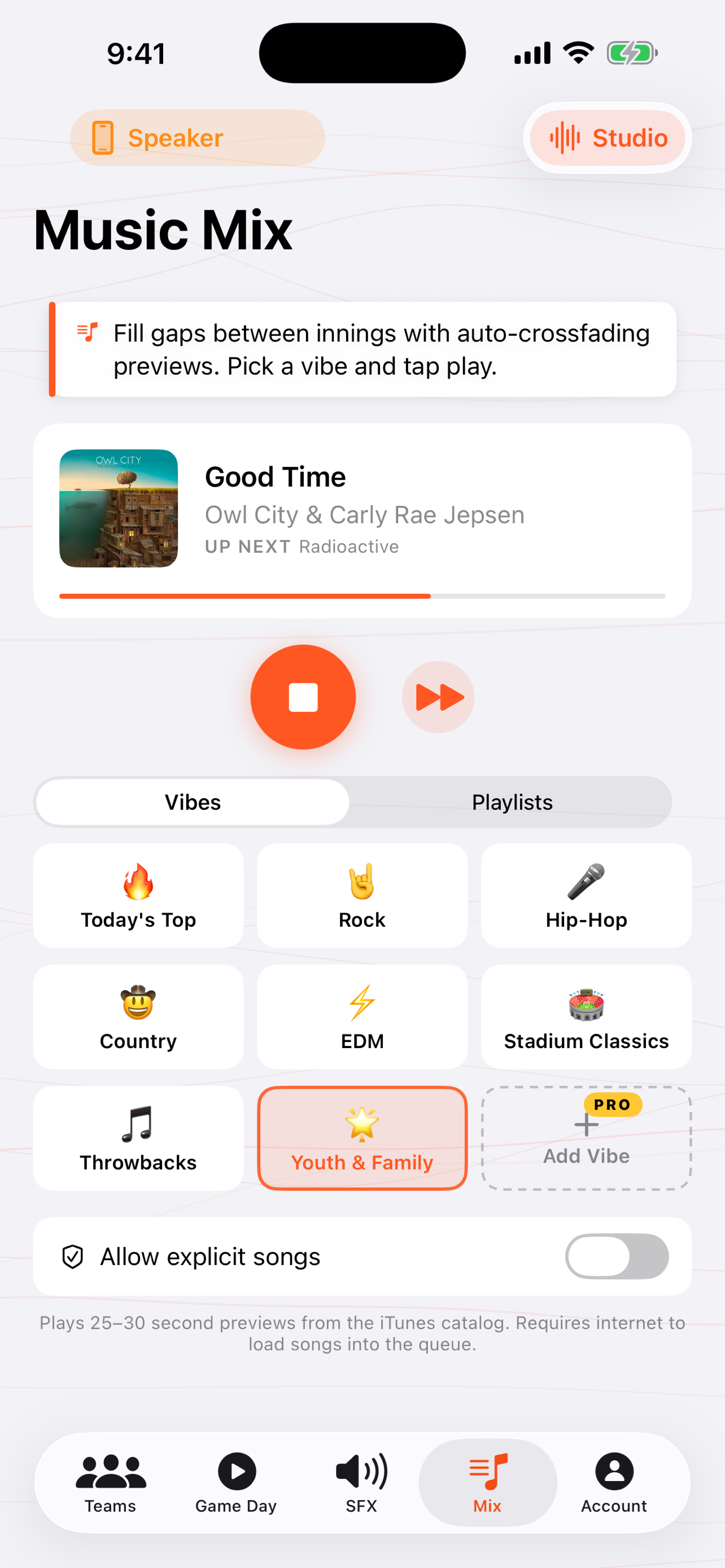 The Music Mix screen in GameDay DJ showing selectable vibes like Hype, 80s Rock, Country, and Hip-Hop.