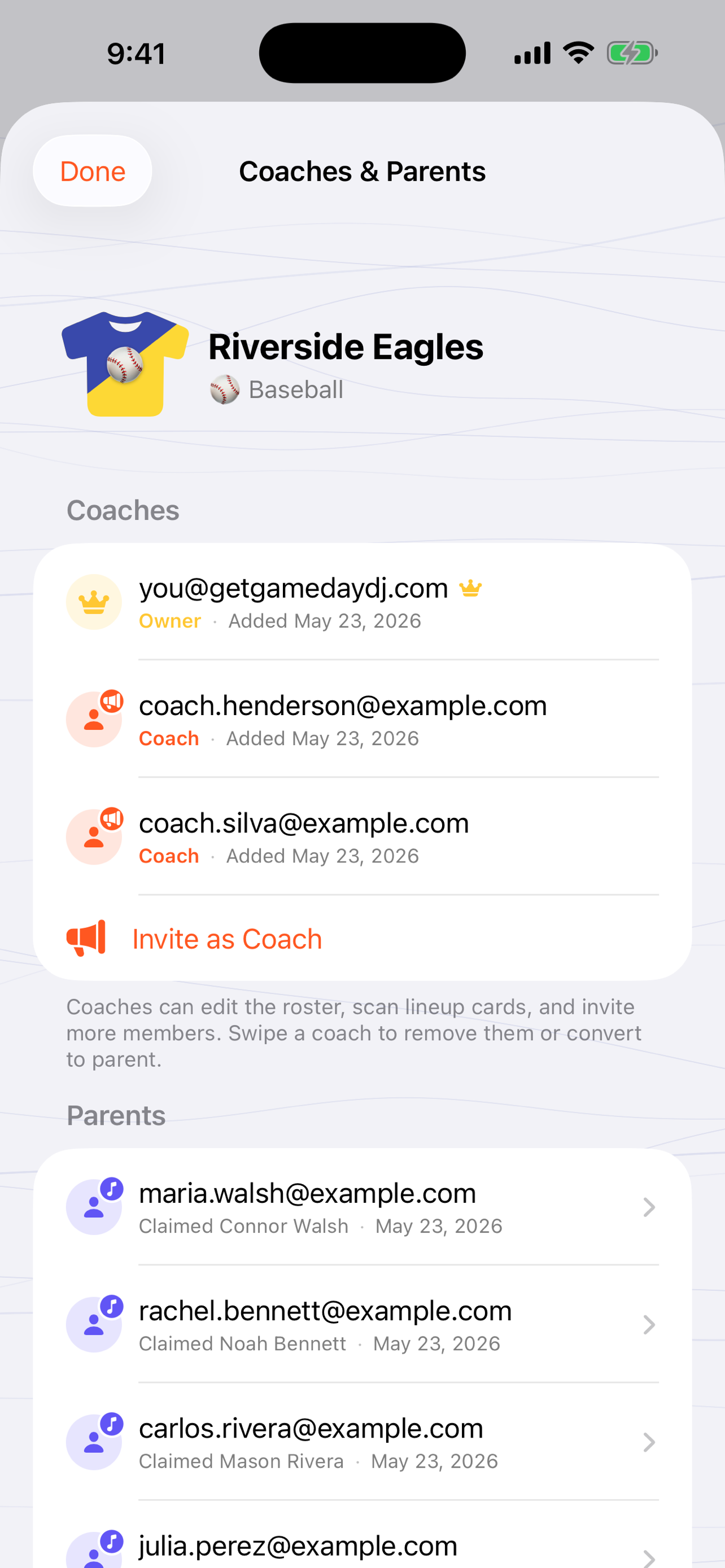 The Coaches & Parents screen in GameDay DJ, showing the team owner, an invited co-coach, and parents who have claimed their players.
