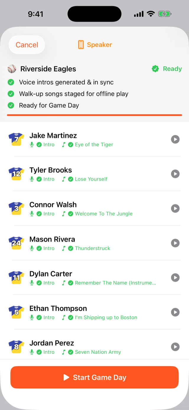 The Lock In pre-game check screen in GameDay DJ, showing each player's intro and song cached and a green Ready status.