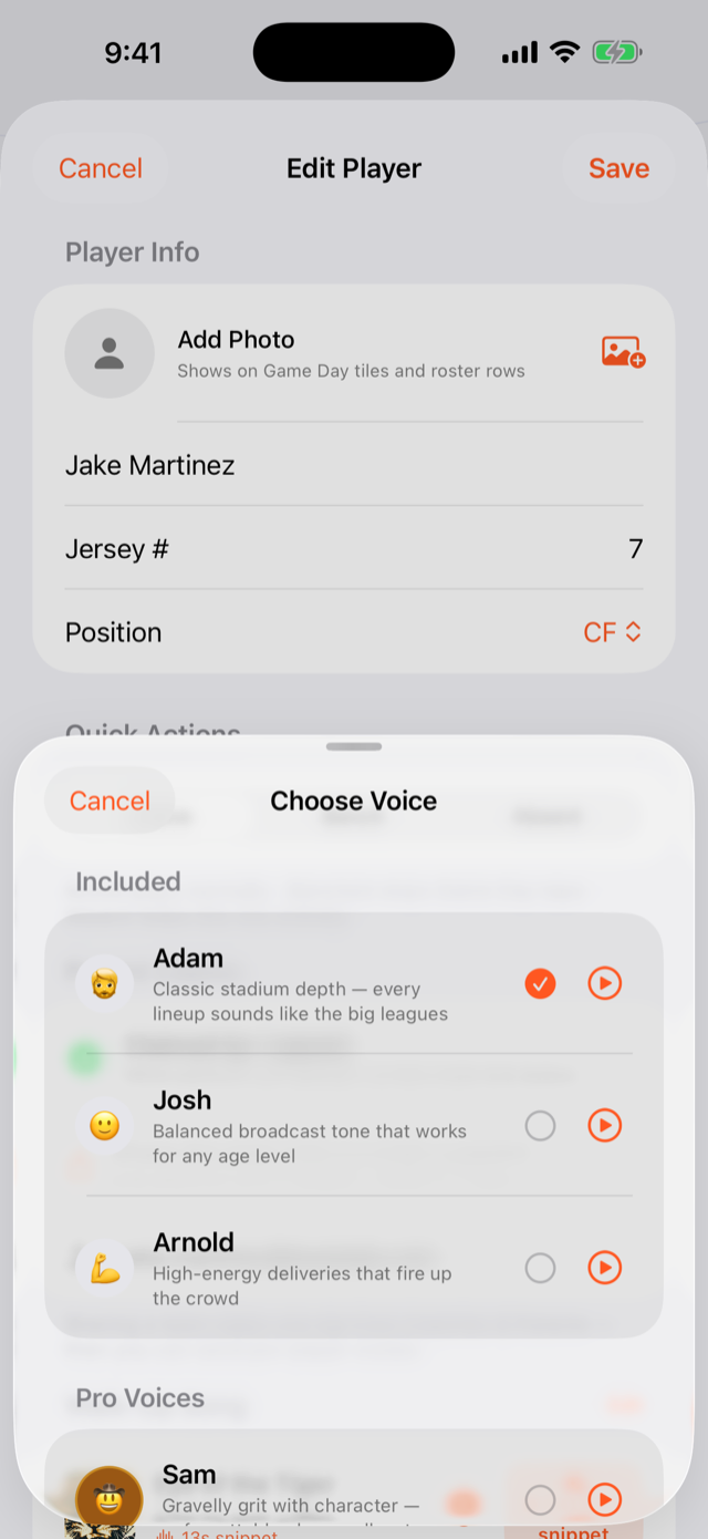 The Choose Voice screen in GameDay DJ, showing included free voices and Pro voices each with a play button to preview.