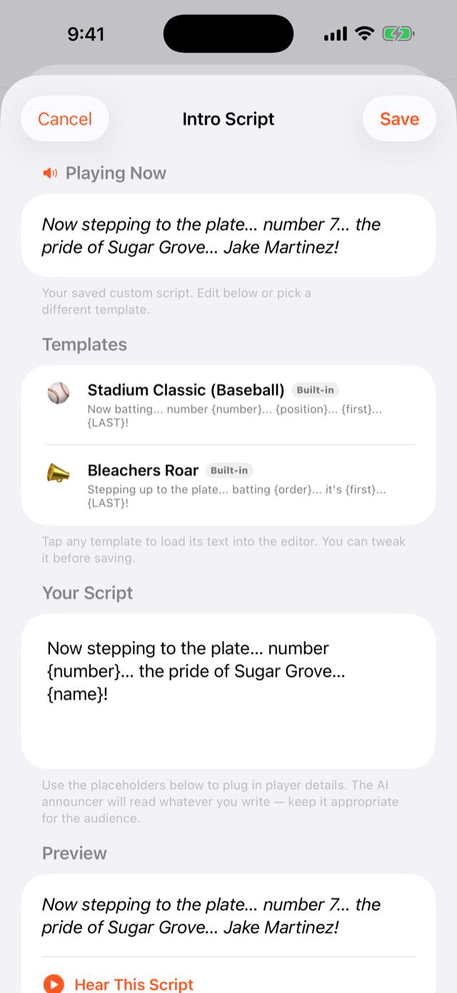 The intro script editor in GameDay DJ, showing a custom script with number and name placeholders, templates, and a live preview.